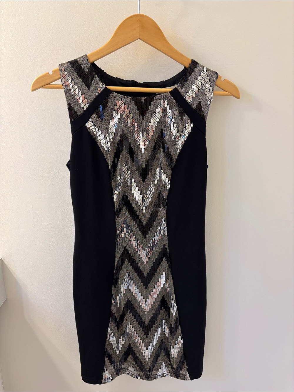 Black Chevron Panel Sheath Dress, with Sequins, Size Small